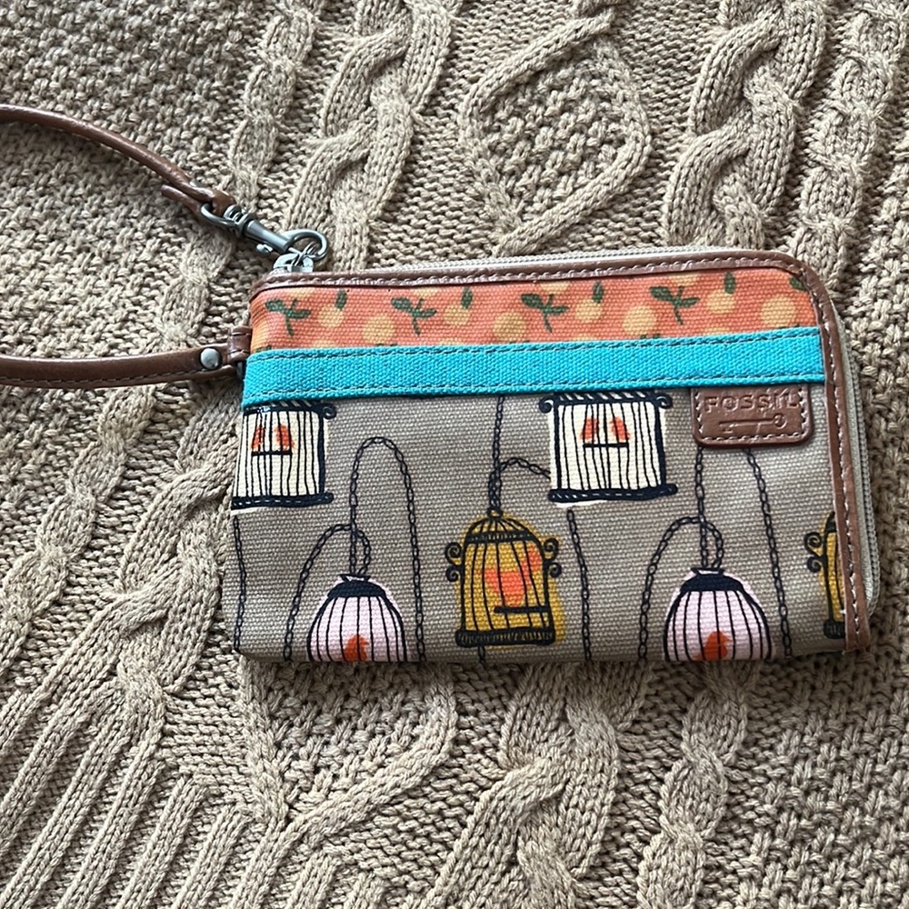 FOSSIL Key•per coated canvas birdcage wristlet clutch purse
